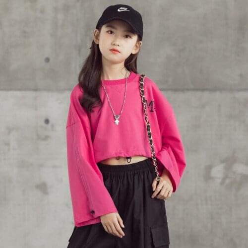 Teen Girls Short Tops 2021 Autumn Hight Waist Letter Print T-shirt Dance Hiphop Children Tee Shirts 8 10 12 14 years