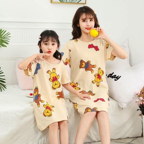Girls Pajamas Baby Sleepwear soft Summer Sleeping Family Look Nightdress Baby Clothes Love Bear Pink Dress Nightdress homewear