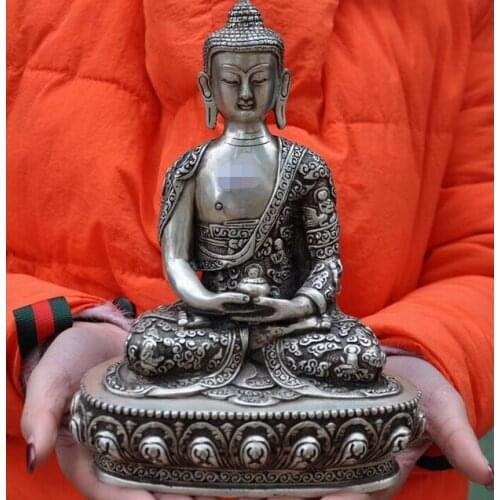9" Old tibet buddhism silver temple Sakyamuni Shakyamuni Medicine buddha statue