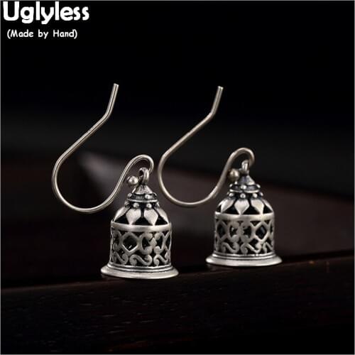Uglyless 100% Genuine Solid 990 Pure Silver Bell Earrings Women Handmade Thai Silver Hollow Fine Jewelry Ethnic Dress Earrings