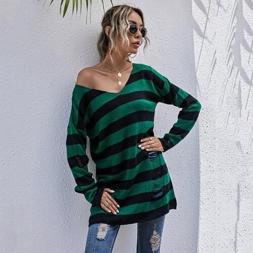 Fashion Hollow Out Striped Knitted Sweater Women Long Sleeve V-neck Loose Bottoming Shirt Top Mid-length Vintage Pullover Autumn