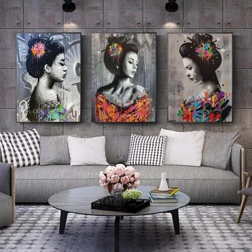 Japanese Geisha Kimono Woman Graffiti Art Paintings On The Wall Art Posters and Prints Sexy Girl Beauty Street Art Pictures Gift