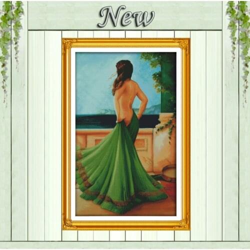 The Sexy Girl lady in green dress Counted Print on fabric DMC 11CT 14CT Cross Stitch kits Needlework Sets embroidery Home Decor