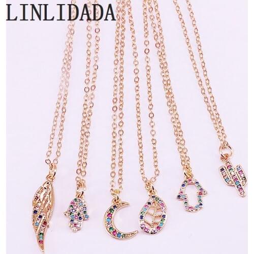 12Pcs Fashion gold color jewelry women trendy elegant jewelry crescent/ Feather pendants pave rainbow cz delicate necklace