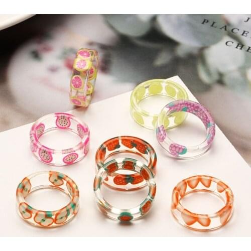 2021 Korean Style Cute Colorful Resin Fruit Ring Set Geometric Irregular Rings for Women Girl Wedding Engagement Party Jewelry