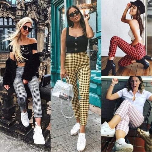 2020 Popular Plaid High Waist Leggings Womens Casual Pants Cross Border Elastic Pencil Pants FitnessTrouser High Waist Pants