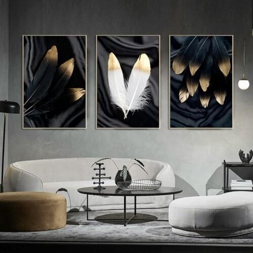Black White Golden Feather Abstract Wall Poster Nordic Canvas Print Painting Contemporary Art Decoration Picture Living Room Dec