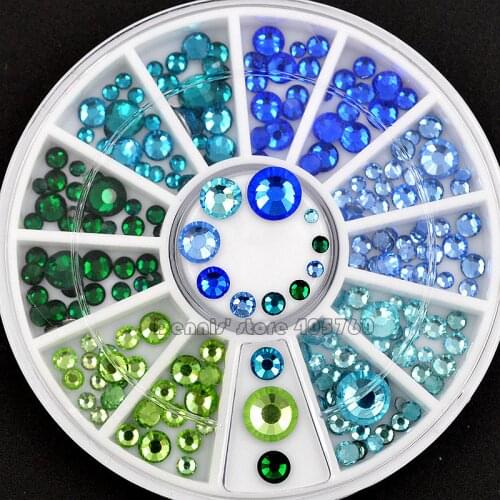 Mix Sizes Glitter Blue Green Series Flatback Round Facets Diamond Nail Art Rhinestones Decorations Manicure DIY Wheel