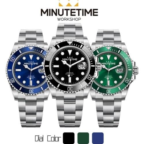 Minutetime Watch NH35 Automatic Movement Automatikuhr Green Luminous Montre automatique Transparent Case back Sapphire Crystal