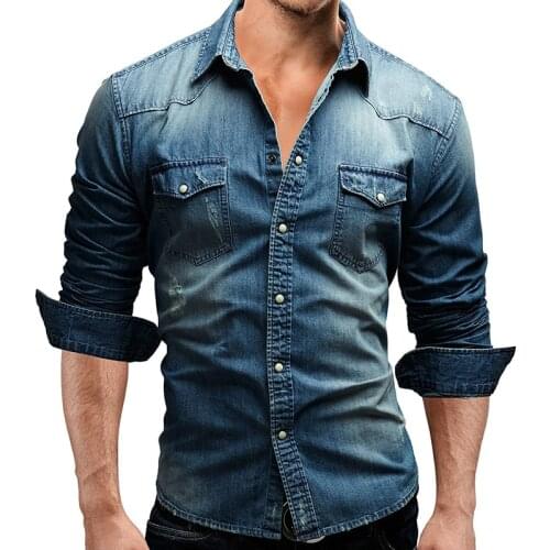 Denim Shirt Men Brand New Fashion Long Sleeve Shirts Mens Casual Solid Color Slim Fit Dress Shirts Camisa Masculina Tops