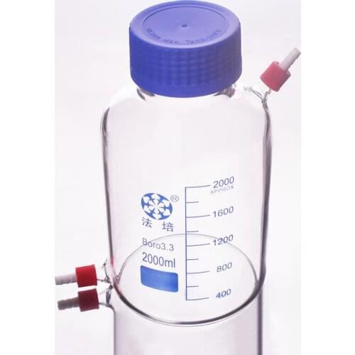 Reagent bottle,Blue screw cover GLS 80mm,Upper and lower detachable small nozzle GL 14mm,Borosilicate glass, 2000ml, Plastic Lid
