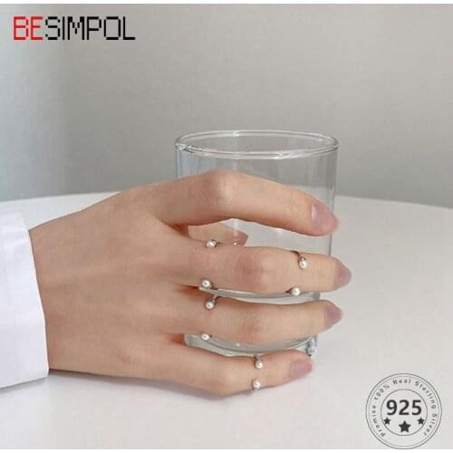 Besimpol Real 925 Sterling Silver Pearl Smile Rings Elegant Simple Adjustable Open Ring for Women Minimalist Luxury Fine Jewelry
