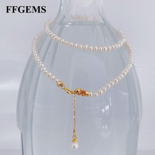 FFGems 100% Silver 925 Round Fresh Water Pearl White Gold Necklace Chocker Fine Jewelry Engagement for Women Girl
