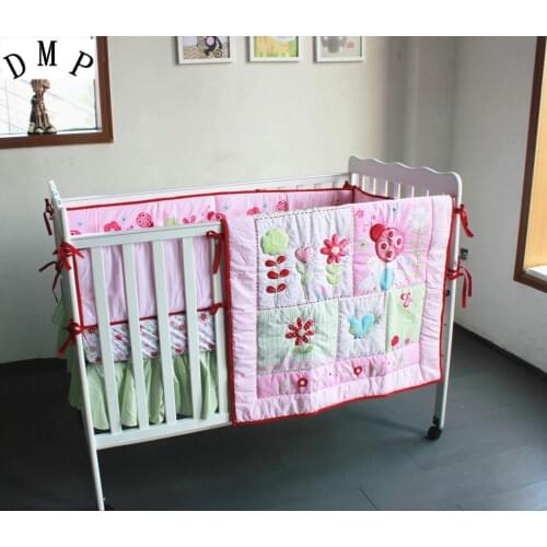 4pcs Embroidery baby bed around cama infantil kit berco baby bedding set cunas (4bumpers+duvet+bed cover+bed skirt)
