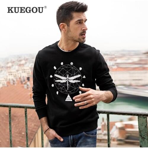 KUEGOU Autumn Mens Sweatshirt Dragonfly Print Pullover Sweatshirts men Hoodies Fashion Streetwear Off whiteTop Plus size 3257