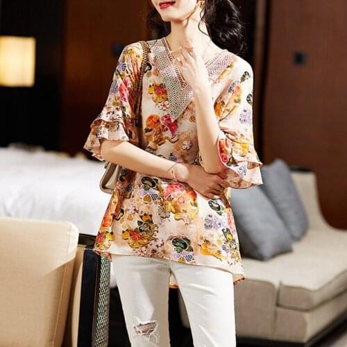 Summer women flower chiffon shirt lace blouse vintage butterfly sleeve V-neck shirt loose casual tops plus size 5XL clothes