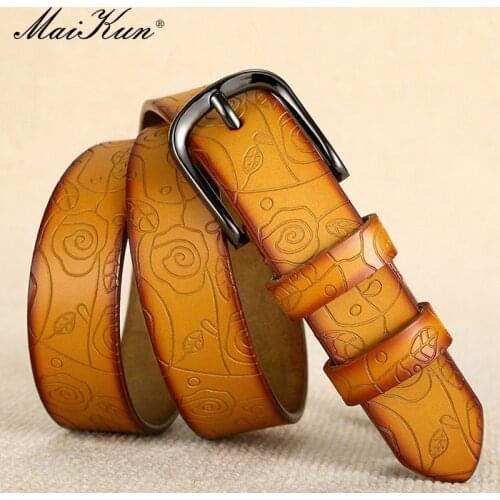 Maikun New Genuine Leather Belt For Women Vintage Fashion All-Match Engraved Embossed Ladies Belts