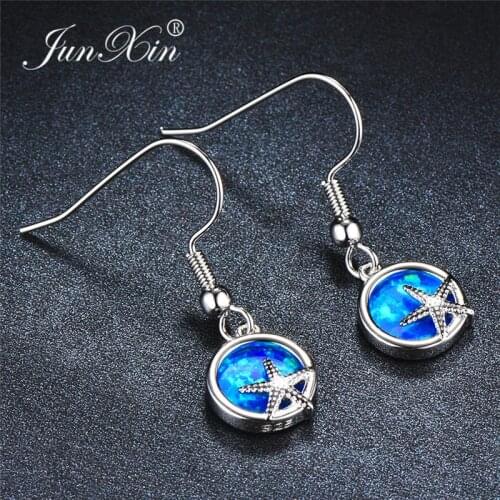 Cute Animal Starfish Drop Earrings Blue White Fire Opal Round Star Earrings For Women White Gold Fashion Beach Wedding Jewelry