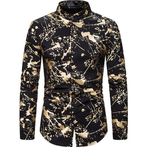 Mens Casual Button Down Dress Shirts 2020 Brand Shiny Gold Splash Ink Bronzing Long Sleeve Shirt Men Party Wedding Tuxedo Shirt