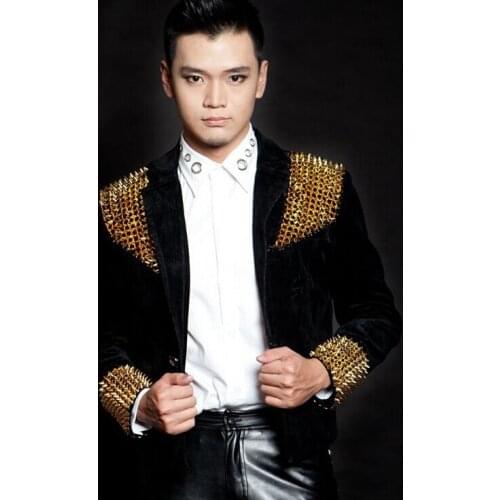Men New Style Fashion Black Red Male Singer Dj Slim Gentleman Party Dj Ds Costume Rivets Blazer Dancing Jazz Jacket Mens Coat