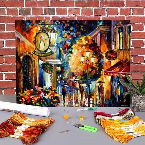 Romantic Cafe In The Old City Pre-Printed 11CT Cross Stitch Embroidery Kit DMC Threads Painting Knitting Handiwork Floss
