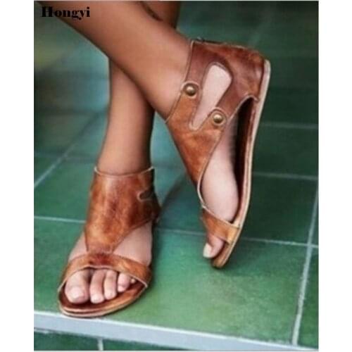 New 2018 Fashion Leather gladiator Sandals women Summer Ladies Dress shoes woman Beach Shoes Flat Sandals