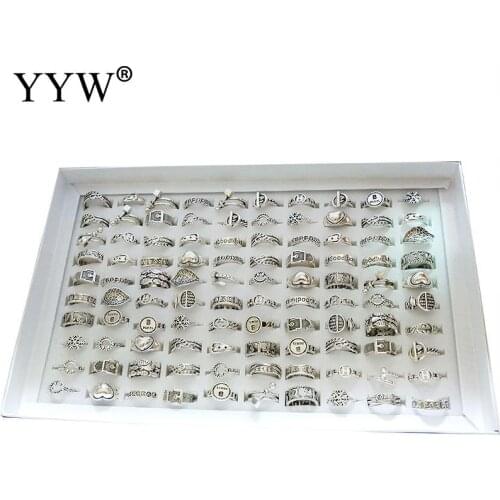 Wholesale 100pcs/Lot Zinc Alloy Ring DIY Bohemia Vintage Silver Color Flower Finger Rings For Women Party Gift Jewelry Rings