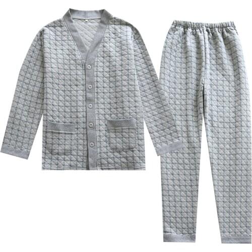 Autumn and Winter Thick Air Layer Pajamas Set Mens Plaid Design Quilted Home Sleepwear Long-sleeved Trousers Pijamas for Men