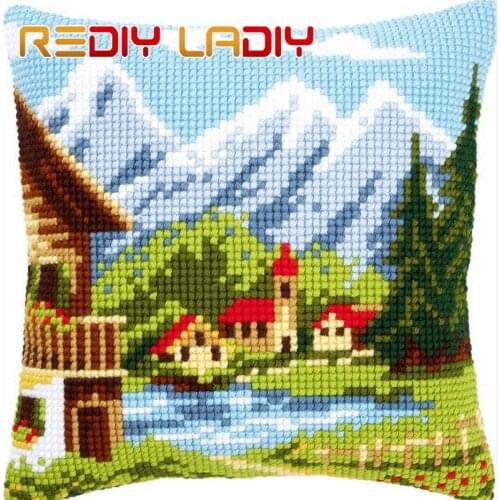Cross Stitch Cushion Snow Landscape Make Your Own Pillow DIY Chunky Cross Stitch Kits Printed Canvas Acrylic Yarn Pillow Case