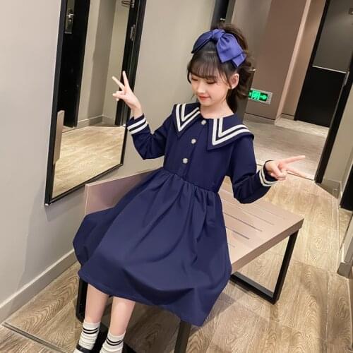 School Girls Dress Navy Blue Kids Preppy Clothes School Dresses For Girls Spring Autumn Teenager Dress Clothing 4 7 9 11 12 14Y
