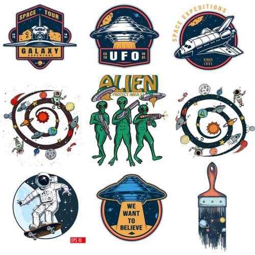 Thermal Transfer UFO Alien Cool Boys Backpack Jeans Jacket Thermo-Stickers For Clothes Heat Transfer Clothing Patches On Clothes