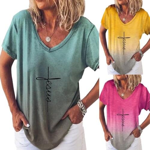 SAGACE Top 2021 summer new womens wear womens loose letter printing short sleeve rainbow gradient V-neck T-shirt