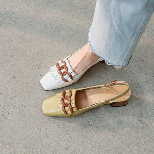Genuine Cowhide Muller Slippers For Womens Shoes Chain Decoration Fringed Shoes Mid Heels Square Toe Sandals For Women Shoes
