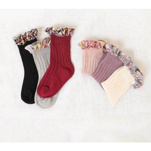 Spring Fall Floral Girls Socks Ruffles Lace Kids Knee High Socks Cotton Ribbed Tube Socks Children Leg Warmers Chaussettes/meias