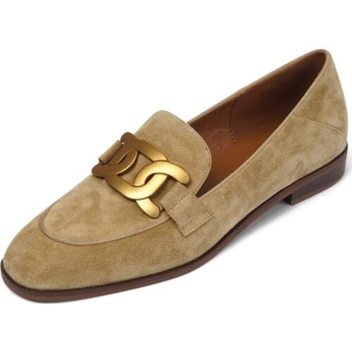 Womens natural suede leather slip-on flats loafers leisure soft comfortable casual female footwear chain decoration single shoe