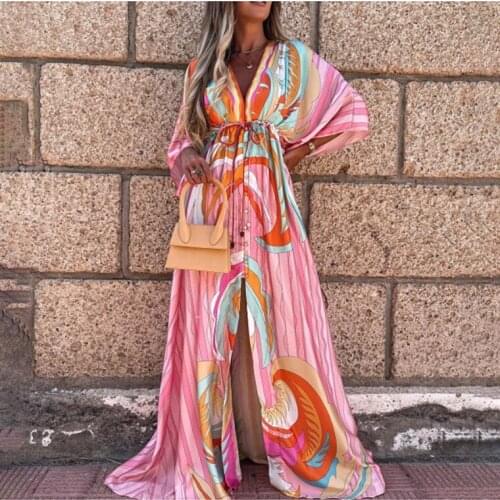 Boho Half Sleeve Office Lady Maxi Dress Pink Floral Print Buttons Elegant Ruffled Dresses Autumn V Neck Long Dress Vestido 2021