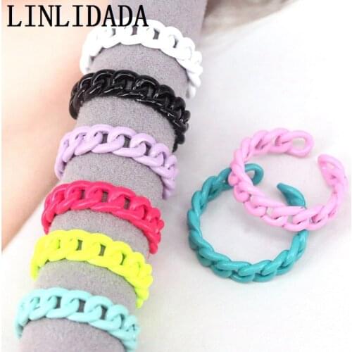 10Pcs Simple Colorful Dropping Oil Chunky Chain Link Open Rings Fadeless Hollow Chain Shaped Band Rings For Ladies