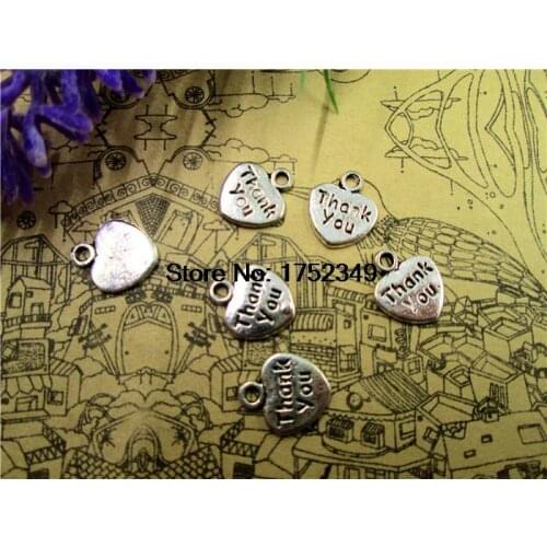 200pcs--Heart charms, Antique Tibetan silver Mini Heart "Thank You" Charms Pendant 14x10mm