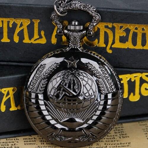Vintage USSR Soviet Sickle Hammer Style Quartz Pocket Watch Necklace Black Pendant Clock Unisex Watch