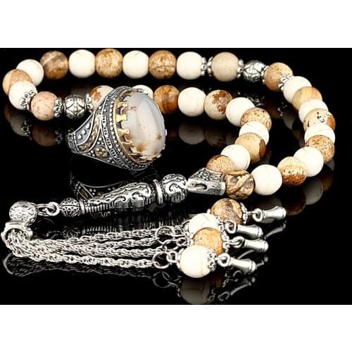 Natural Stone Rosary Tasbih with 925 Sterling Silver Vintage Mens Ring