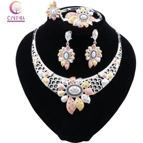 CYNTHIA Fashion Dubai Silver color Necklace Earrings Wedding Jewelry Set Bridal Gift Nigerian Wedding African Beads Jewelry Set