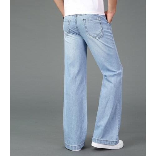 Jeans Men 2019 Spring and Summer Mens New Micro Horn Jeans Mens Stretch Slim Light Blue Denim Flare Pants Size 26-34 35