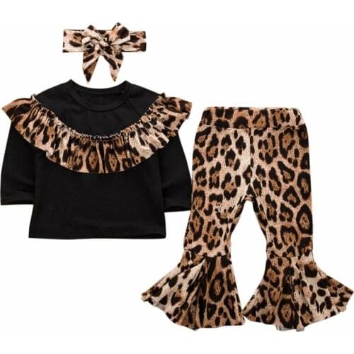 Focusnorm 1-5 Years Fashion 3PCS Newborn Baby Girl Clothes Patchwork Shirt Top Print Leopard Pant Outfits Party Clothes Set