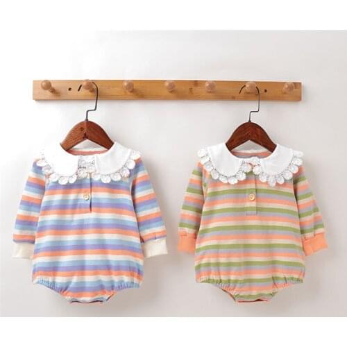 Cotton baby romper autumn female baby clothes lace collar rainbow striped romper Korean long-sleeved baby one-piece