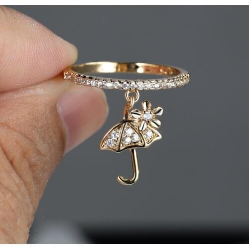 Creative Umbrella Flower Gold Ring for Women Exquisite Personality Designing Ring Full White Zircon Finger Jewelry Birthday Gift