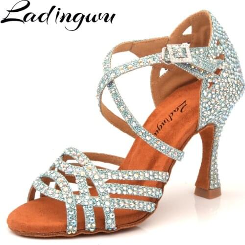 Ladingwu Rhinestone Latin Salsa Performance Dance Shoes Dancing Shoes Ballroom Dance Shoes Women Light Blue Glitter Cloth Dance