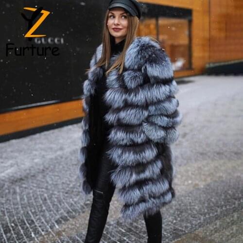 Fashion Silver Fox Fur Coat For Women Thick Furry Fox Fur Coats With Short Sleeves Fashion O-neck Collar Full Pelt Real Fur Coat