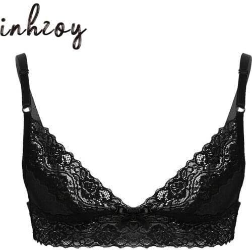 Men Erotic Bra Crossdressing Sissy Lingerie Adjustable Spaghetti Straps Floral Lace Wire-free Unlined Bralette Male Sexy Tops