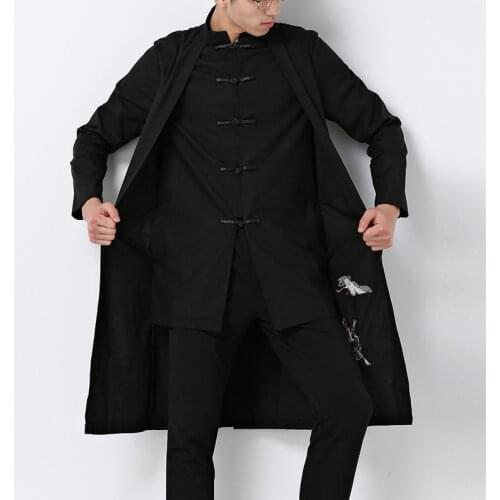 Mens Traditional Chinese Long Trench Autumn Cotton Linen Long Jacket Kung Fu Tai Chi Master Costume Male Chinese Coat CN-105