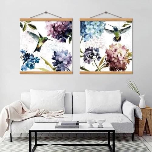 Wall Art Hummingbird Hydrangea Paintings Abstract Square Flower Canvas Posters Print Nordic Picture for Living Room Decoration